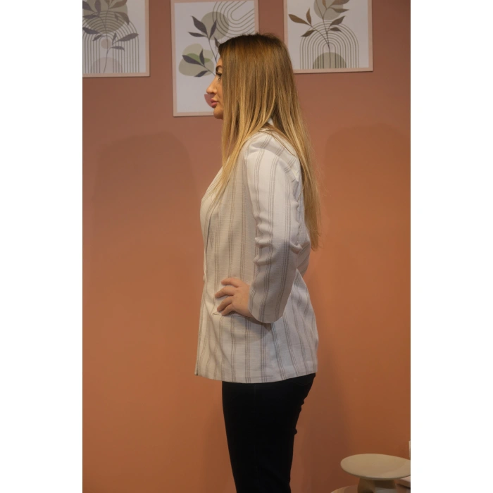 KAHVE ÇİZGİLİ KETEN CEKET