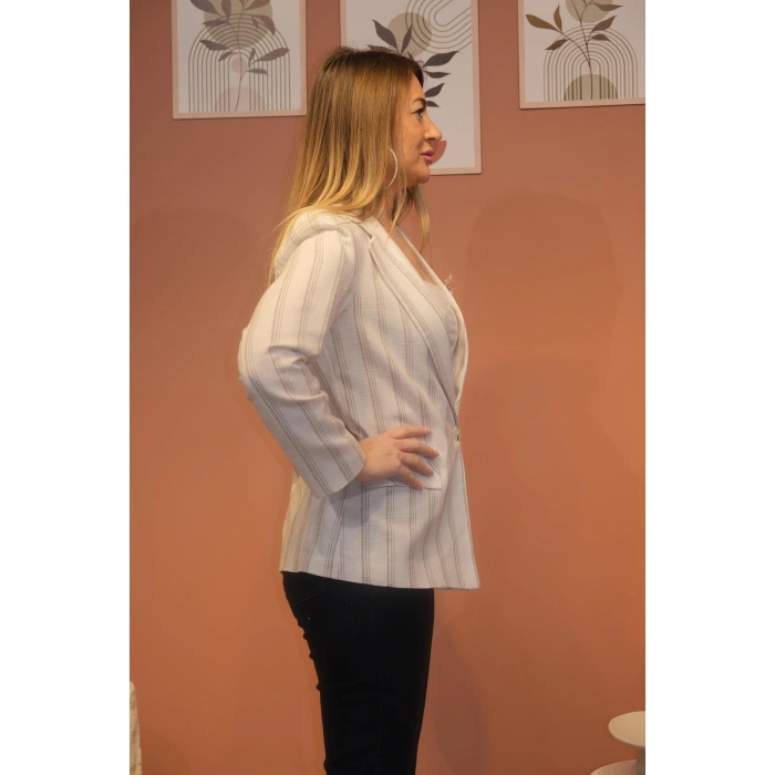 KAHVE ÇİZGİLİ KETEN CEKET