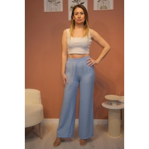 Beli Lastikli Cep Detaylı Bol Paça Pantolon Mavi
