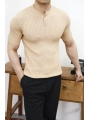 TRİKO HAKİM YAKA DÜĞMELİ BEJ T-SHİRT