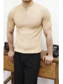 TRİKO HAKİM YAKA DÜĞMELİ BEJ T-SHİRT