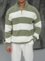 Erkek Fıstık Yeşili Triko Fermuar Yaka Çizgili Kazak