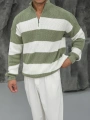 Erkek Fıstık Yeşili Triko Fermuar Yaka Çizgili Kazak