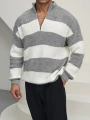 Erkek Gri Triko Fermuar Yaka Çizgili Kazak