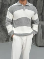 Erkek Gri Triko Polo Yaka Çizgili Kazak