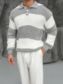 Erkek Gri Triko Polo Yaka Çizgili Kazak