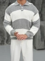 Erkek Gri Triko Polo Yaka Çizgili Kazak