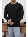 HENLEY YAKA DÜĞMELİ SİYAH UZUN KOLLU T-SHİRT