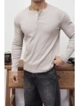 HENLEY YAKA FİTİLLİ DÜĞMELİ BEJ UZUN KOLLU T-SHİRT