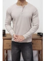 HENLEY YAKA FİTİLLİ DÜĞMELİ BEJ UZUN KOLLU T-SHİRT