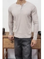HENLEY YAKA FİTİLLİ DÜĞMELİ BEJ UZUN KOLLU T-SHİRT