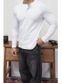 HENLEY YAKA FİTİLLİ DÜĞMELİ BEYAZ UZUN KOLLU T-SHİRT