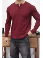 HENLEY YAKA FİTİLLİ DÜĞMELİ BORDO UZUN KOLLU T-SHİRT