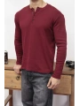 HENLEY YAKA FİTİLLİ DÜĞMELİ BORDO UZUN KOLLU T-SHİRT