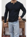 HENLEY YAKA FİTİLLİ DÜĞMELİ LACİVERT UZUN KOLLU T-SHİRT