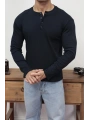 HENLEY YAKA FİTİLLİ DÜĞMELİ LACİVERT UZUN KOLLU T-SHİRT