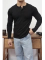 HENLEY YAKA FİTİLLİ DÜĞMELİ SİYAH UZUN KOLLU T-SHİRT