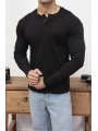 HENLEY YAKA FİTİLLİ DÜĞMELİ SİYAH UZUN KOLLU T-SHİRT