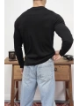 HENLEY YAKA FİTİLLİ DÜĞMELİ SİYAH UZUN KOLLU T-SHİRT