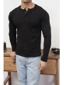 HENLEY YAKA FİTİLLİ DÜĞMELİ SİYAH UZUN KOLLU T-SHİRT