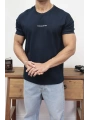 OYSHO KUMAŞ LACİVERT MOONRİVER BASKI KOLLAR DAR KESİM T-SHİRT