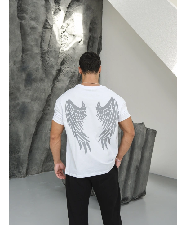 Oversize Beyaz Reflektör Kanat  Baskı Kollar Dar Kesim T-Shirt