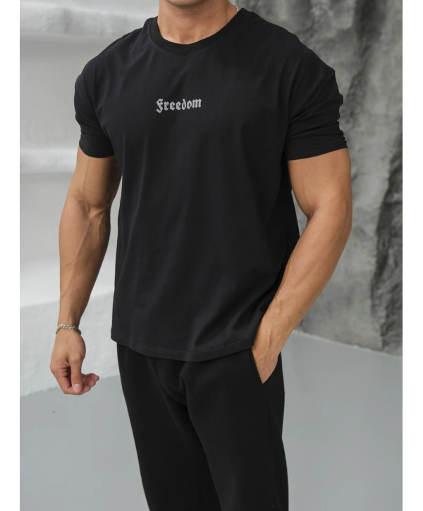 Oversize Siyah Reflektör Kanat Baskı Kollar Dar Kesim T-Shirt