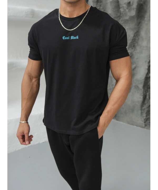 Oversize Siyah Cool Black Baskı Kollar Dar Kesim T-Shirt
