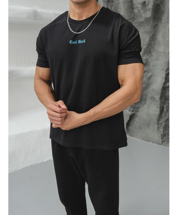 Oversize Siyah Cool Black Baskı Kollar Dar Kesim T-Shirt