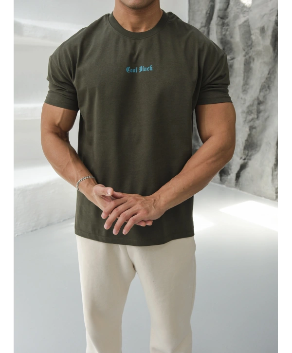 Oversize Haki Cool Black Baskı Kollar Dar Kesim T-Shirt