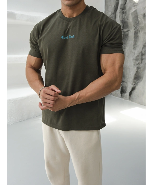 Oversize Haki Cool Black Baskı Kollar Dar Kesim T-Shirt
