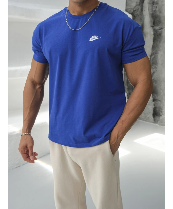 OVERSİZE SAKS MAVİ BOSTON NİKE KOLLAR DAR KESİM T-SHİRT