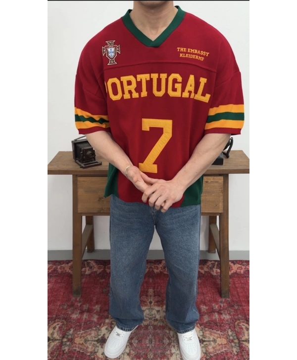 Portugal Nakışlı Oversize Triko T-Shirt