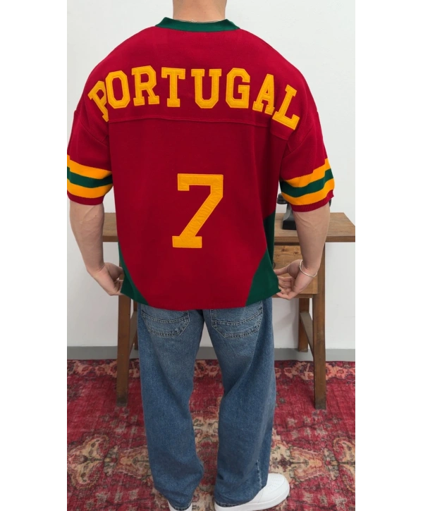 Portugal Nakışlı Oversize Triko T-Shirt