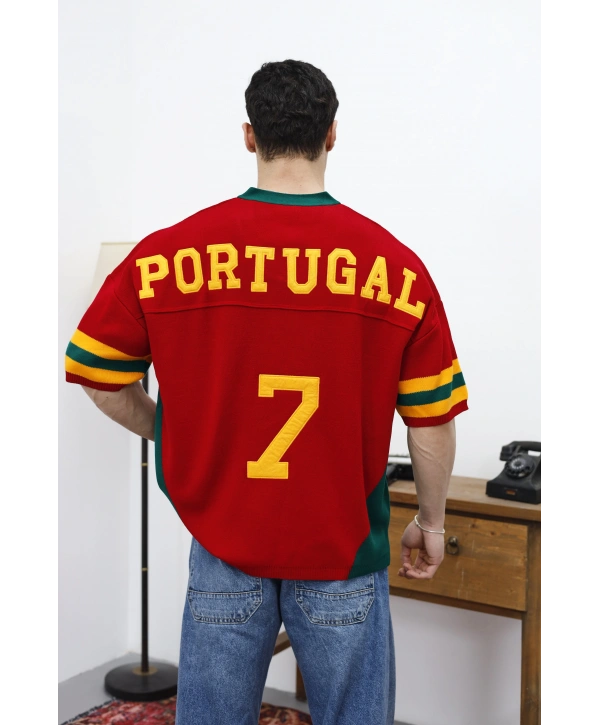 Portugal Nakışlı Oversize Triko T-Shirt