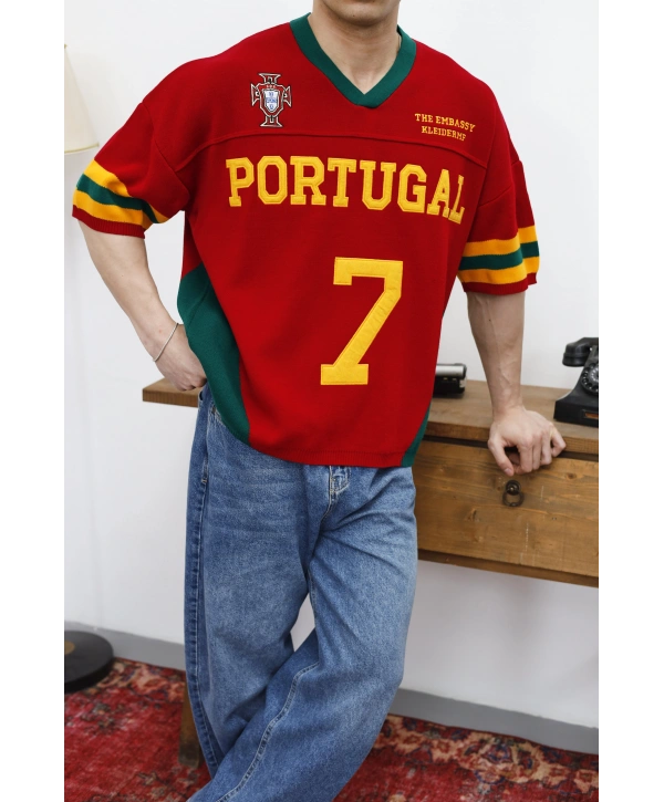 Portugal Nakışlı Oversize Triko T-Shirt