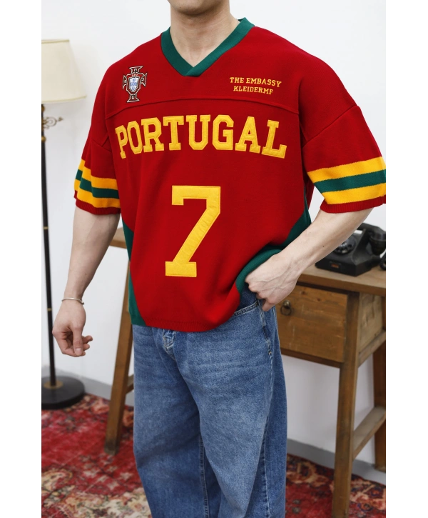 Portugal Nakışlı Oversize Triko T-Shirt