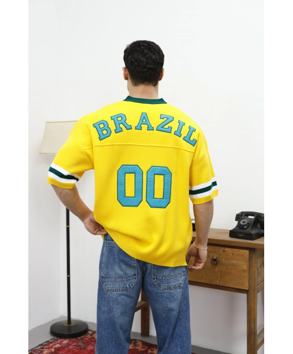Brazil Nakışlı Oversize Triko T-Shirt