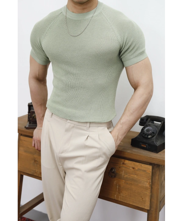 Slim Fit Su Yeşili Triko T-Shirt