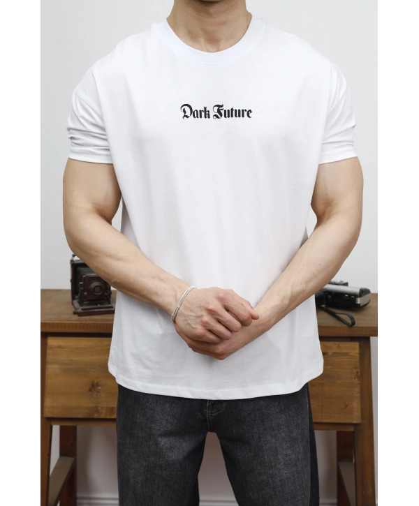 OVERSİZE DARK FUTURE BASKI BEYAZ KOLLAR DAR KESİM T-SHİRT