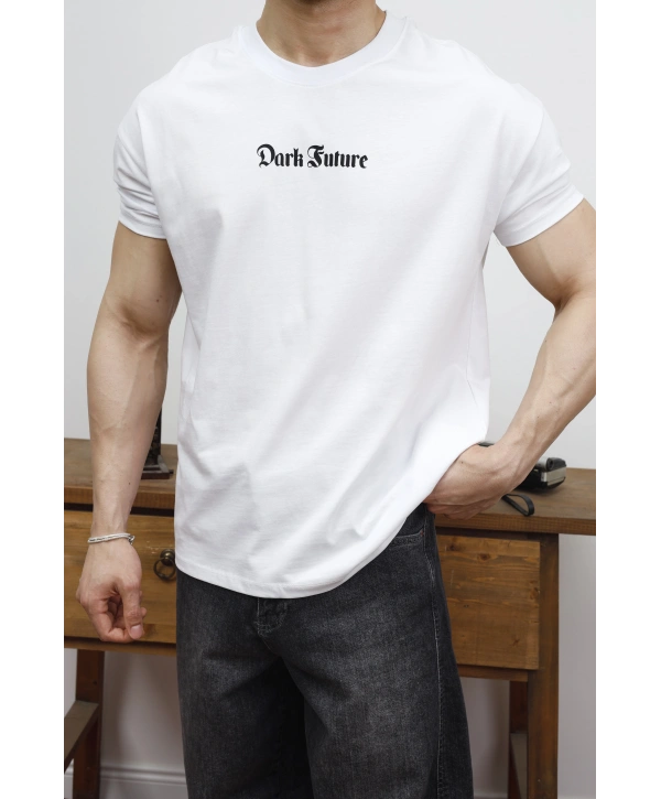 OVERSİZE DARK FUTURE BASKI BEYAZ KOLLAR DAR KESİM T-SHİRT