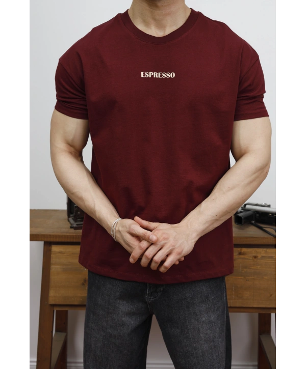 OVERSİZE ESPRESSO BASKI BORDO KOLLAR DAR KESİM T-SHİRT