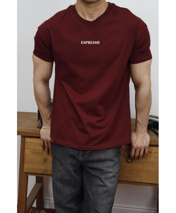 OVERSİZE ESPRESSO BASKI BORDO KOLLAR DAR KESİM T-SHİRT