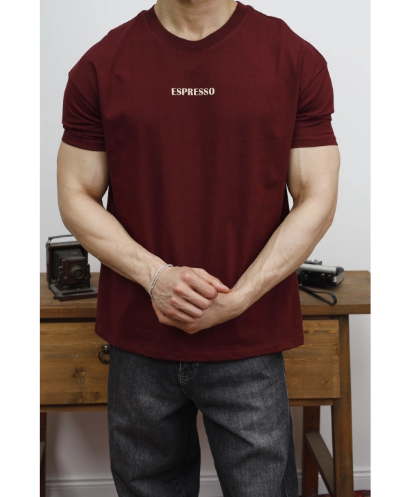 OVERSİZE ESPRESSO BASKI BORDO KOLLAR DAR KESİM T-SHİRT