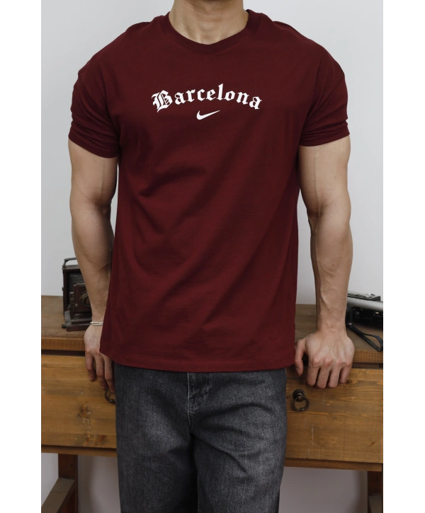 OVERSİZE BARCELONA BASKI BORDO KOLLAR DAR KESİM T-SHİRT