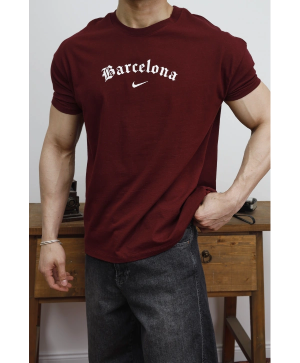 OVERSİZE BARCELONA BASKI BORDO KOLLAR DAR KESİM T-SHİRT