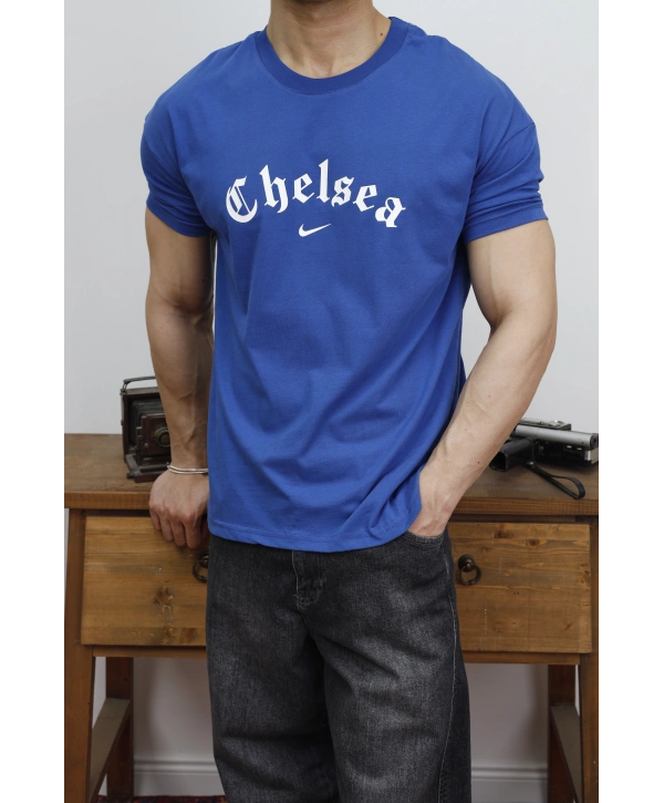 OVERSİZE CHELSEA BASKI MAVİ KOLLAR DAR KESİM T-SHİRT