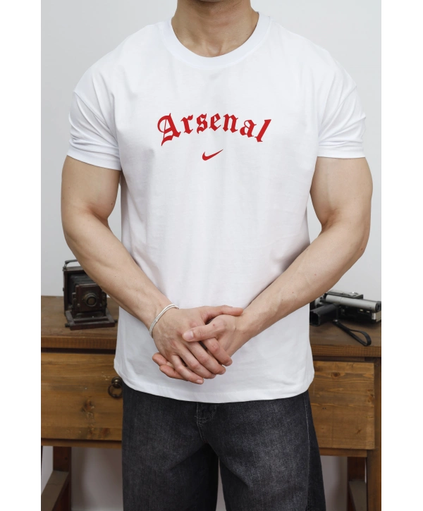 OVERSİZE ARSENAL BASKI BEYAZ KOLLAR DAR KESİM T-SHİRT