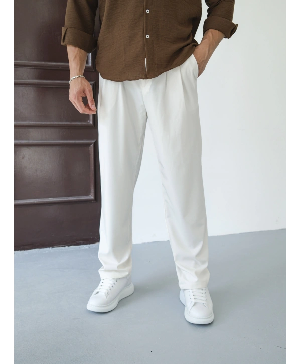 BAGGY PİLELİ BEYAZ KUMAŞ PANTOLON