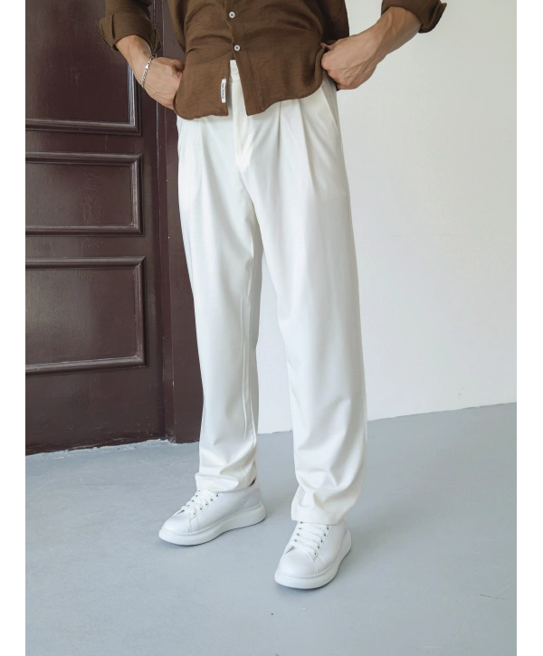 BAGGY PİLELİ BEYAZ KUMAŞ PANTOLON